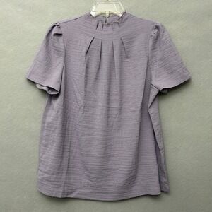 SHEIN Blouse Women XL Purple Textured Short Sleeve High Neck Pleated Top